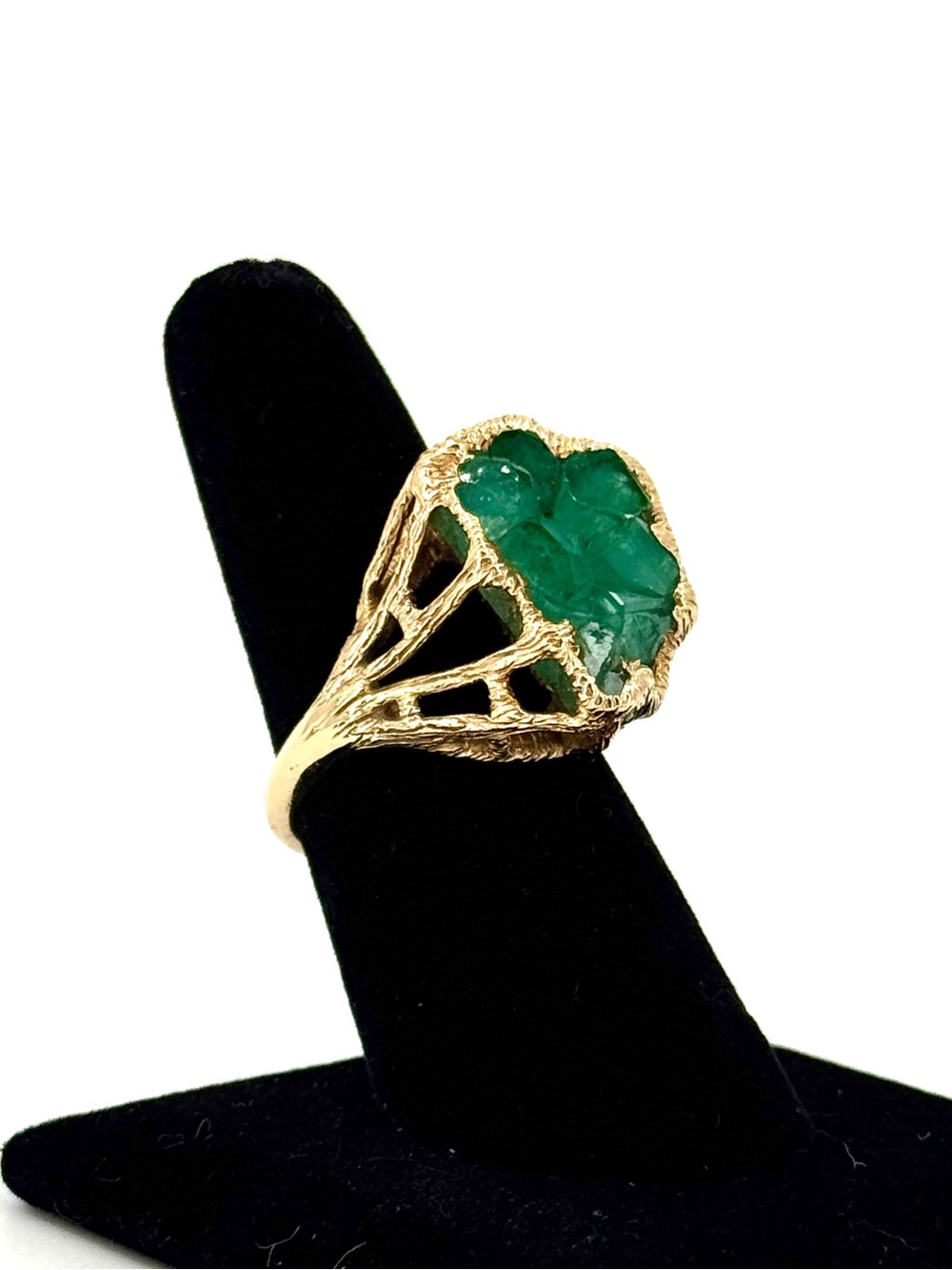 Vintage Brutalist 14k Gold Ring with raw uncut emerald.